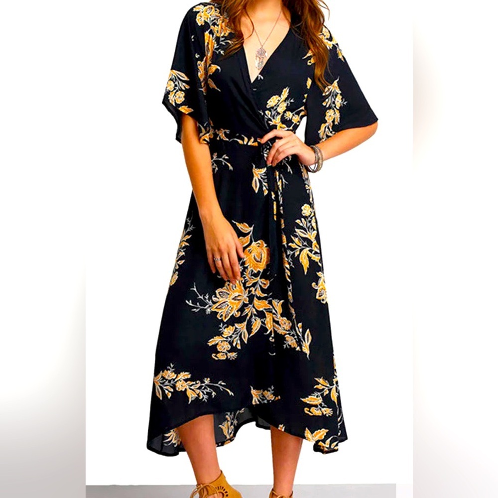 Amazon Black Floral Wrap Midi Dress with Mustard Yellow Accents